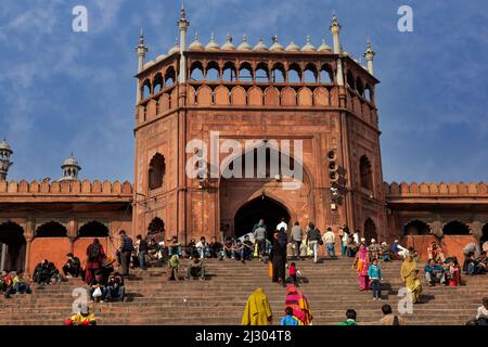 New Delhi, India.  Entrance to the Jama Masjid (Friday Mosque), India's largest mosque, built  1644-1656. Stock Photo