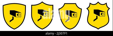 CCTV camera icon inside shield, different versions. Protection or surveillance concept Stock Vector
