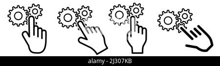 Finger pointing to cog gear wheels icon. Concept of settings selection, or clicking on object Stock Vector