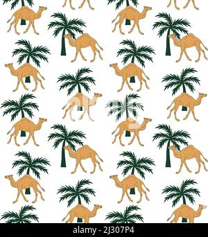 Vector seamless pattern of hand drawn camel and palm isolated on white background Stock Vector