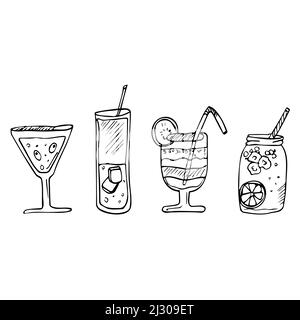 Vector doodle set of cocktails and alcohol drinks. line tropical cocktails and summer juice Stock Vector