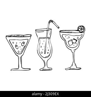 Vector doodle set of cocktails and alcohol drinks. line tropical cocktails and summer juice Stock Vector