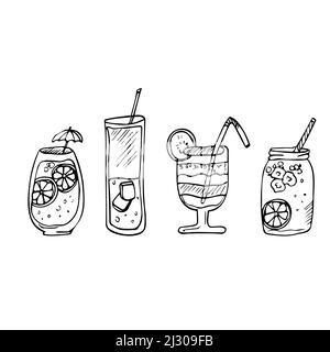 Vector doodle set of cocktails and alcohol drinks. line tropical cocktails and summer juice Stock Vector