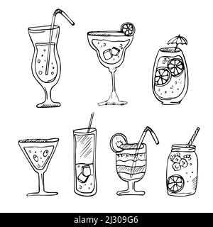 Vector doodle set of cocktails and alcohol drinks. line tropical cocktails and summer juice Stock Vector