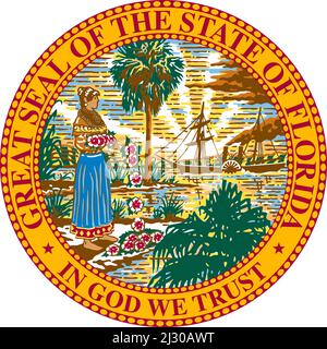 Top view of Great Seal of US Federal State of Florida. United States of America patriot and travel concept. Plane layout, design Stock Photo