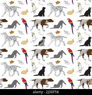 Vector seamless pattern of colored hand drawn doodle sketch different pets isolated on white background Stock Vector