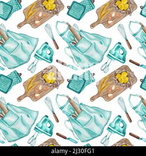 baking watercolor seamless pattern with kitchen utensils on white background. Hand drawn illustration Stock Photo