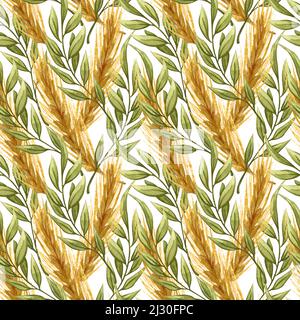 Watercolor seamless pattern with gold ears of wheat and green twigs on white background. Hand drawn illustration Stock Photo