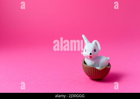 Easter white bunny in chocolate eggshell with pink background Easter Holiday Concept Stock Photo