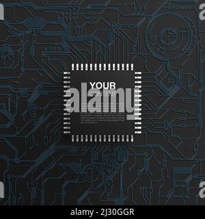 Realistic black microchip on detailed printed circuit board design Stock Vector