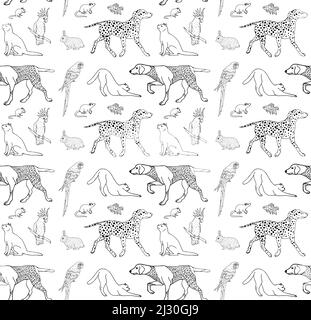Vector seamless pattern of hand drawn outline sketch different pets isolated on white background Stock Vector