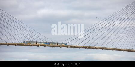 The SkyBridge is a cable stayed bridge for sky trains between New Westminster and Surrey. Street view, travel photo, selective focus, nobody-December Stock Photo