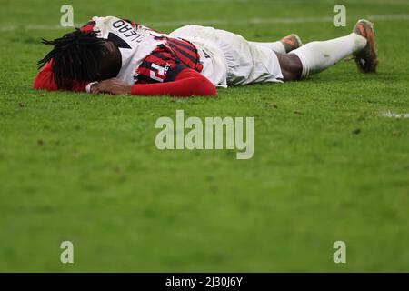 Milan, Italy, 4th April 2022. Rafael Leao of AC Milan reacts at the final whistle following the 0-0 draw in the Serie A match at Giuseppe Meazza, Milan. Picture credit should read: Jonathan Moscrop / Sportimage Stock Photo