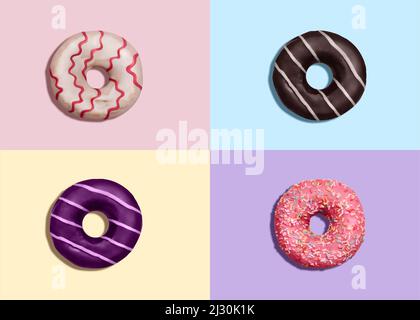 Various glazed doughnuts with sprinkles on colorful background Stock Photo