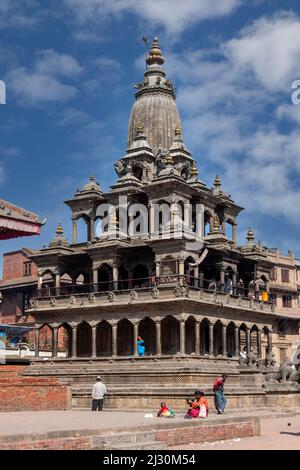 Nepal, Patan.  Krishna Mandir, Durbar Square, February 18, 2009.  Survived earthquake of April 2015. Stock Photo