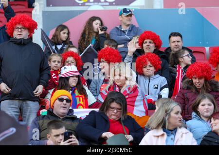 Bristol, UK. 3rd April 2022. Supporters at Women’s Championship game between Bristol City and Liverpool at Ashton Gate. Stock Photo