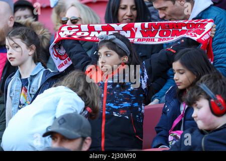 Bristol, UK. 3rd April 2022. Supporters at Women’s Championship game between Bristol City and Liverpool at Ashton Gate. Stock Photo