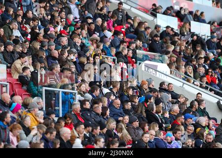 Bristol, UK. 3rd April 2022. Supporters at Women’s Championship game between Bristol City and Liverpool at Ashton Gate. Stock Photo