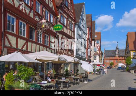 Ochsenfurt, half-timbered row on the main street, new town hall Stock Photo