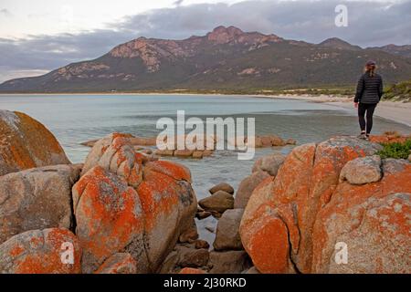 Woman on Fotheringate Bay, looking to the Strzelecki Peaks Stock Photo