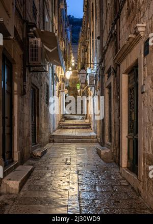 The empty streets early in the morning in the old town of Dubrovnik, Dalmatia, Croatia. Stock Photo