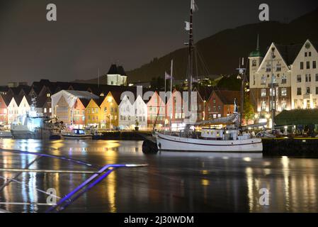In the port of Vagen with Bryggen, Bergen, Norway Stock Photo