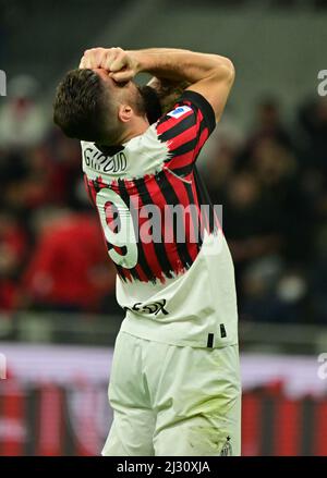 Olivier Giroud of AC Milan with AC Milan new jersey during the Serie A 2021/ 22 football match between AC Milan and Bologna FC at Giuseppe Meazza  Stadium, Milan, Italy on April 04