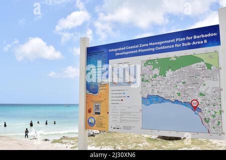 Coastal zone management sign on Barbados beach. Stock Photo