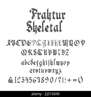 Vintage gothic font vector illustration. Set of unique decorative black capitals and lowercase calligraphic alphabet letters, numbers, symbols and sig Stock Vector