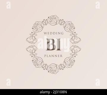 BI Initials letter Wedding monogram logos collection, hand drawn modern minimalistic and floral templates for Invitation cards, Save the Date, elegant Stock Vector
