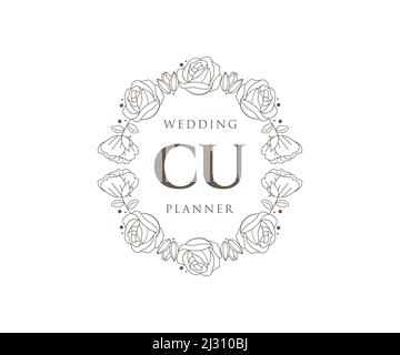 CU Initials letter Wedding monogram logos collection, hand drawn modern minimalistic and floral templates for Invitation cards, Save the Date, elegant Stock Vector