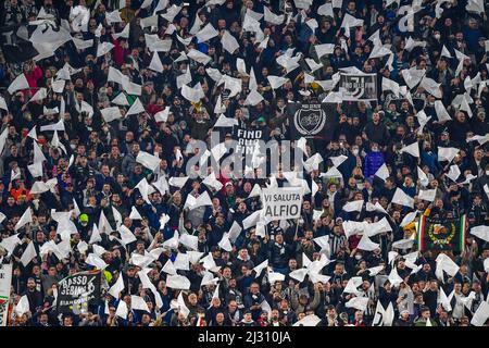 Turin, Italy. 03rd, April 2022. Football fans of Juventus seen on the stands during the Serie A match between Juventus and Inter at Allianz Stadium in Turin. (Photo credit: Gonzales Photo - Tommaso Fimiano). Stock Photo