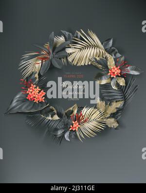 Tropical black and gold leaves wreath on dark background vector poster Beautiful botanical round frame design with golden tropic jungle palm leaves, e Stock Vector