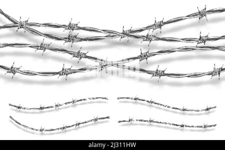 Metal steel barbed wire with thorns or spikes realistic vector illustration isolated on white background with shadow. Fencing or barrier element for d Stock Vector