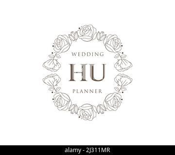 HU Initials letter Wedding monogram logos collection, hand drawn modern minimalistic and floral templates for Invitation cards, Save the Date, elegant Stock Vector