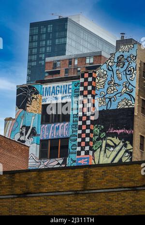 mural on brick wall in New York City with modern building in the background Stock Photo
