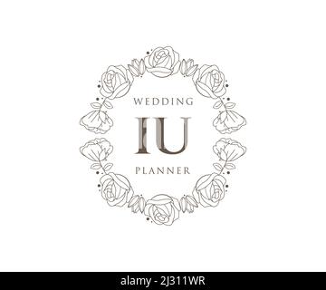 IU Initials letter Wedding monogram logos collection, hand drawn modern minimalistic and floral templates for Invitation cards, Save the Date, elegant Stock Vector