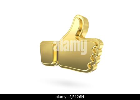 Abstract gold thumb up icon isolated from the white background. 3d rendering Stock Photo