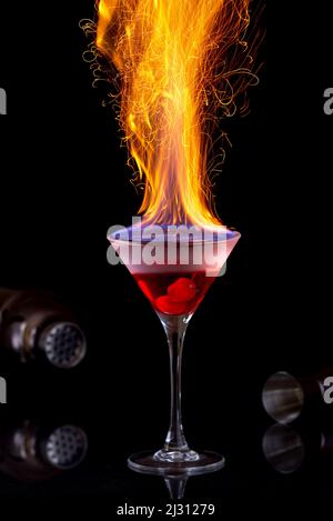 burning shot. shot and fire on a dark background Stock Photo