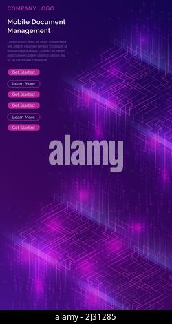 Big data waterfall or cascade, digital binary code data flow analysis visualization, isometric vector illustration. Ultraviolet vertical banner with s Stock Vector