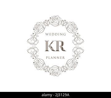 KR Initials letter Wedding monogram logos collection, hand drawn modern minimalistic and floral templates for Invitation cards, Save the Date, elegant Stock Vector