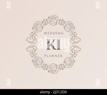 KI Initials letter Wedding monogram logos collection, hand drawn modern minimalistic and floral templates for Invitation cards, Save the Date, elegant Stock Vector