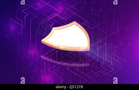 Electronic security business concept vector isometric illustration. White-gold shield over electronic data stream or waterfall, protection and informa Stock Vector