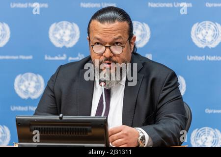 New York, NY - April 4, 2022: Director of the International Campaign to Ban Landmines, Hector Guerra speaks during briefing on the International Day for Mine Awareness and Assistance in Mine Action at UN Headquarters Stock Photo