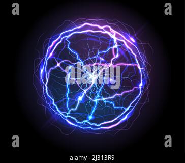 Electric ball or plasma sphere, realistic vector illustration. Abstractt ball lightning with burning rays or powerful electric discharges isolated on Stock Vector