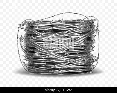 Coil of metal steel barbed wire with thorns or spikes realistic vector illustration isolated on transparent background with shadow. Rolled wire spool, Stock Vector