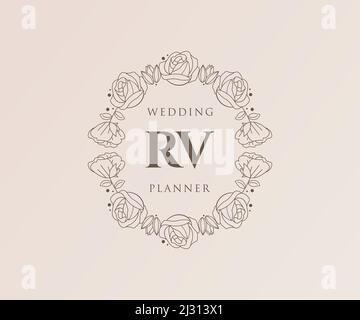 RV Initials letter Wedding monogram logos collection, hand drawn modern minimalistic and floral templates for Invitation cards, Save the Date, elegant Stock Vector