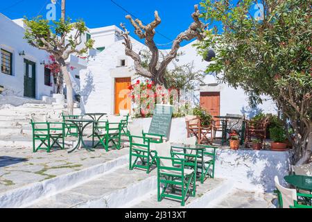 Streetside cafe, Amorgos, Cyclades Islands, Greece Stock Photo