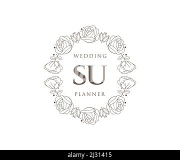 SU Initials letter Wedding monogram logos collection, hand drawn modern minimalistic and floral templates for Invitation cards, Save the Date, elegant Stock Vector