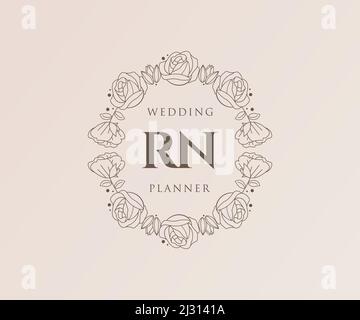 RN Initials letter Wedding monogram logos collection, hand drawn modern minimalistic and floral templates for Invitation cards, Save the Date, elegant Stock Vector